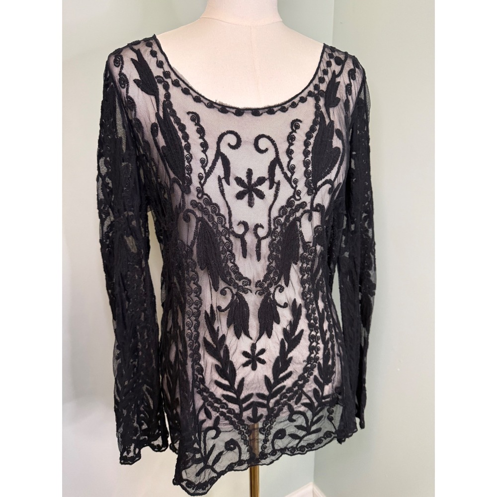 Gianni Bini Black Sheer Mesh Embroidered‎ Long Sleeve Top Medium Boho Scoop Neck